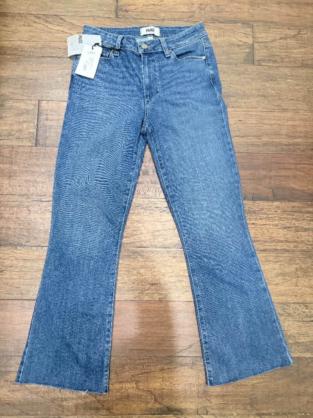 NWT Paige Rory Crop Flare Jeans 27 Zaylee Medium Wash Raw Hem Stretch Denim